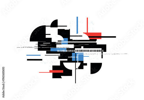 analog media glitch collage with static noise and fragmented layers, black and white grain texture cut-out with white outline, glitch lines and