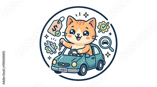 Cute Cartoon Cat Driving Car Automotive Concept