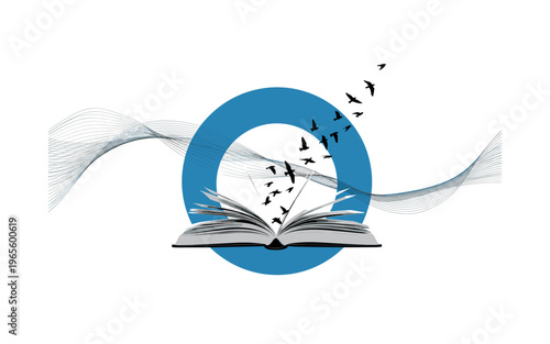 minimal open book enclosed in a blue circular frame with birds flying out, thin linear elements suggesting movement and flow, high contrast black and white