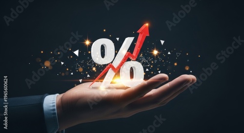 Hand presenting glowing percentage sign with rising arrow and bokeh lights, concept of financial growth