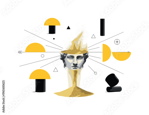 front-facing classical sculpture gradually turning into sand particles, yellow semicircles and thin black lines suggesting motion and erosion, abstract