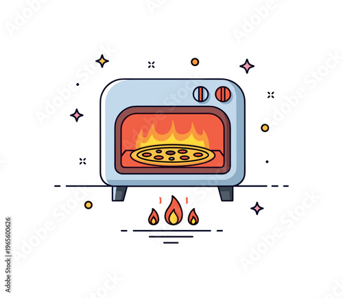 Fresh pizza baking a tiny oven glowing warmly with a finished pizza visible inside and minimal heat accents. The composition conveys satisfaction and readiness