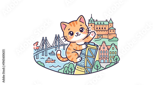 Cute Cartoon Cat Visiting Famous Landmarks