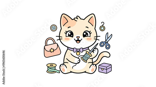 Cute Cat Surrounded by Sewing Accessories
