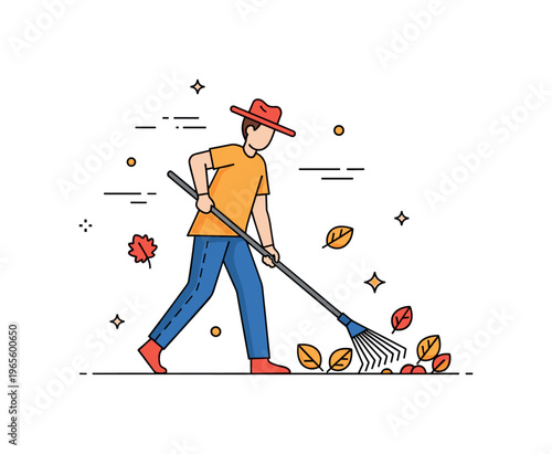 Fall cleanup activity featuring a person raking leaves with gentle motion lines and warm leaf tones conveying preparation, care, and outdoor routine.