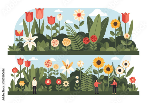 Vibrant Floral Garden with Diverse Blooming Flowers and Lush Greenery.