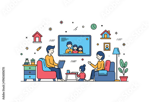 Shared home experience scene featuring a family gathered around a screen with simple furniture and cozy elements expressing warmth, unity, and routine bonding.