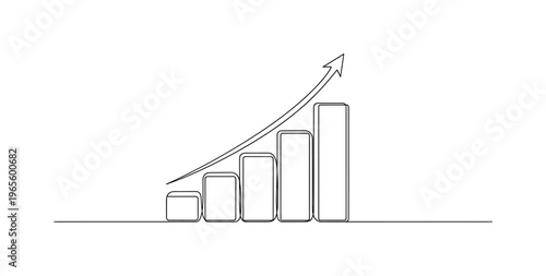 Investment Progress Illustration. Minimalistic one-line drawing stacked bar chart increasing in height with subtle growth arrow, continuous single black line
