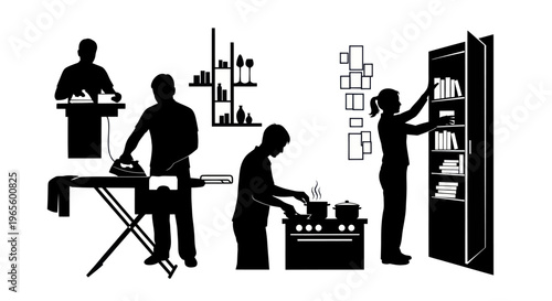 Household Chores Silhouettes: Ironing, Cooking, and Reading