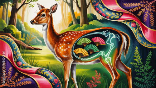 Surreal deer anatomy illustration in vibrant forest with x ray skeleton and colorful fans, whimsical fantasy wildlife art