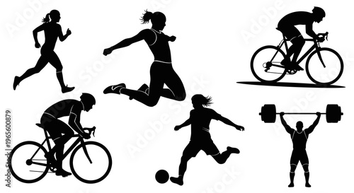 Silhouette Sports Icons: Running, Jumping, Cycling, Soccer, Weightlifting, Biking