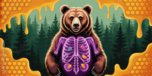 Surreal bear anatomy with glowing ribcage and honeycomb border in mystical forest, colorful bees and dripping honey illustration