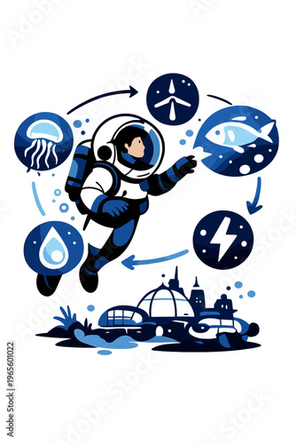 Underwater Adventure Vibes. Underwater Exploration. Person in floating submarine suit observing glowing