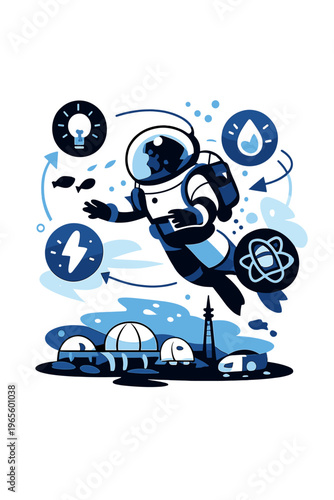 Underwater Adventure. Underwater Exploration. Person in floating submarine suit observing glowing abstract