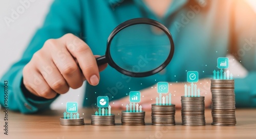 Magnifying glass examining stacked coins with digital growth icons, symbolizing financial analysis and investment growth
