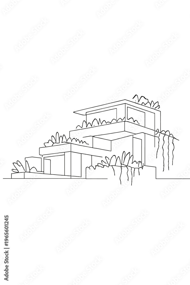 Fototapeta premium Biophilic Line Architecture. Biophilic architecture. Minimalistic one-line drawing a structure with greenery