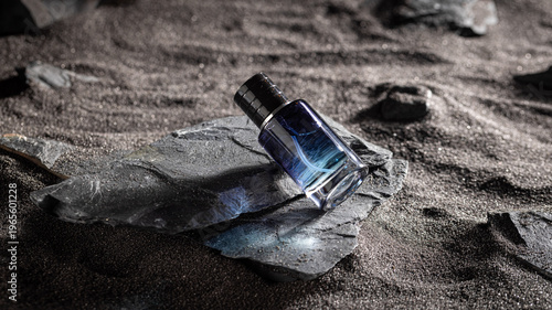 Sophisticated blue perfume in environment rocks and volcanic sand.