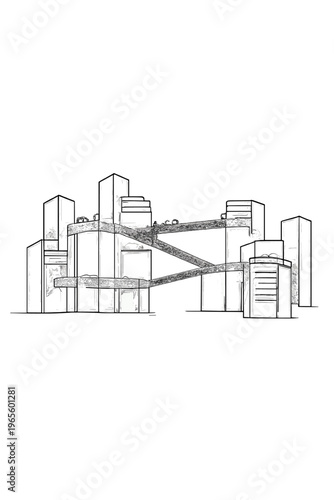 Minimalist Sky Bridges. Sky bridges and walkways. Minimalistic one-line drawing elevated connections between