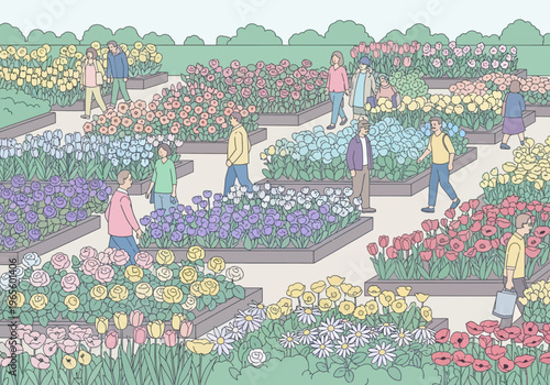 People walking through a vibrant flower garden enjoying the colorful blooms.