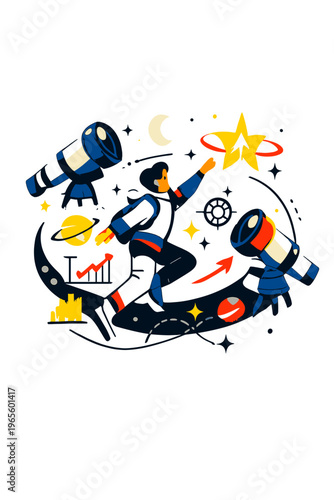 Futuristic Space Observation. Orbital Observatory. Person floating among glowing telescopes and orbiting