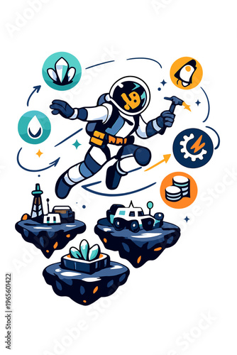 Futuristic Space Mining. Space Mining Operations. Person floating among glowing asteroid platforms with