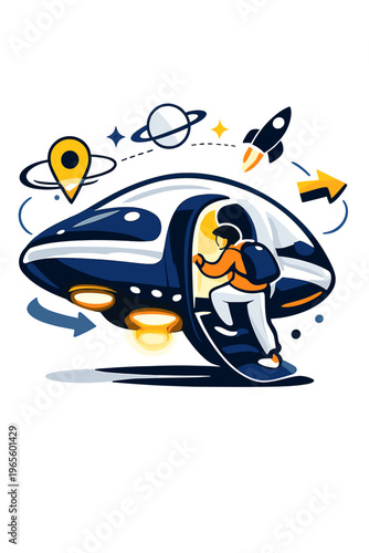 Futuristic Space Terminal. Interstellar Travel Hub. Person boarding floating glowing spacecraft with orbiting