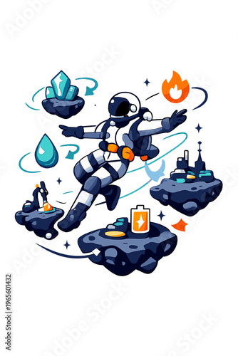 Futuristic Space Mining. Space Mining Operations. Person floating among glowing asteroid platforms with