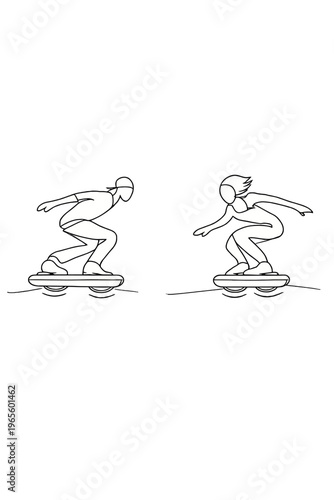 One-Line Hover Skaters. Hover skating. Minimalistic one-line drawing skaters gliding above the ground with