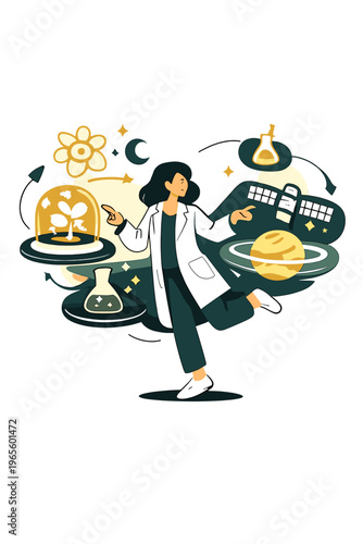 Futuristic Science Lab. Orbital Research Lab. Person interacting with floating glowing holographic experiments