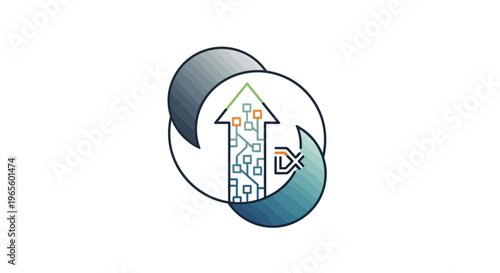 Abstract digital growth arrow icon with circuit board pattern and data points, symbolizing technological progress and data transfer