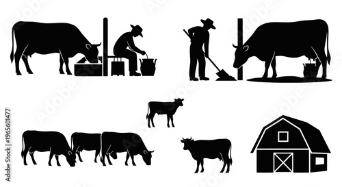 Farm Scene Icons: Cows, Farmer, Barn in Black and White Silhouette Style