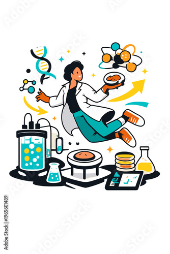 Futuristic Protein Lab. Cultured Protein Lab. Person floating among glowing futuristic lab equipment with