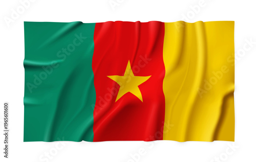 Cameroon country flag isolated on a transparent background. Silk atlas detailed fabric flag. Vector PNG