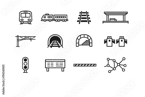 Railways and Metro. Line outline icon set of Railways and Metro: metro train, passenger