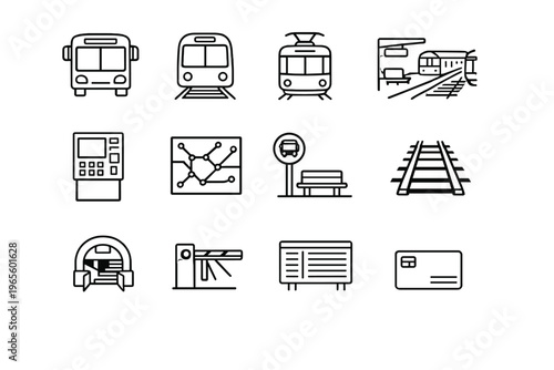 Public Transportation. Line outline icon set of Public Transportation: city bus, subway