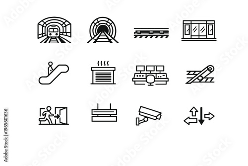 Metro Icons Grid. Metro Systems and Infrastructure. Line outline icon set of Metro Systems and Infrastructure: