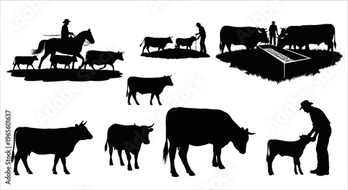 Black  White Silhouette of Farmers and Cattle in Various Scenes