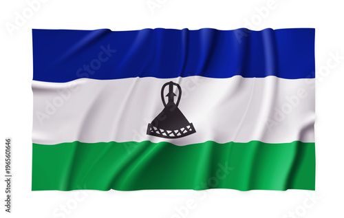 Realistic Lesotho country flag isolated on a transparent background. Silk atlas detailed fabric flag. Vector PNG