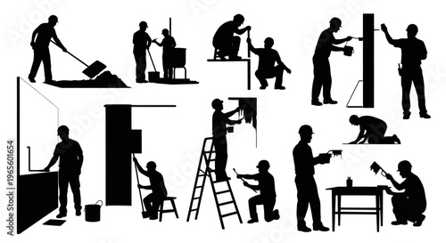 Construction workers silhouettes, vector art, laborers performing tasks