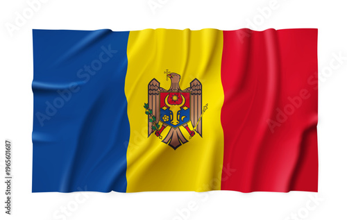 Realistic Moldova country flag isolated on a transparent background. Silk atlas detailed fabric flag. Vector PNG