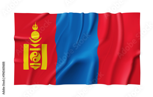 Realistic Mongolia country flag isolated on a transparent background. Silk atlas detailed fabric flag. Vector PNG