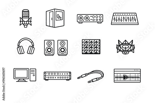 Music Recording Studio. Line outline icon set of Music Recording Studio: condenser