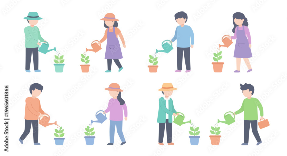 Fototapeta premium Children watering plants, illustration, gardening, farming, hobby