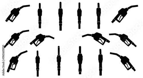 Black and White Silhouettes of Gas Pump Nozzles, Automotive Industry Icons