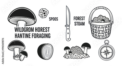 Black and White Line Art Illustration of Mushroom Foraging Items