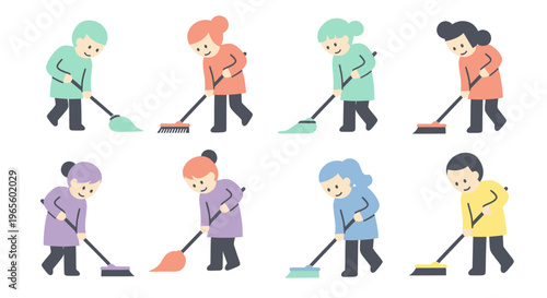 Flat Style Illustration of Diverse People Cleaning with Mops and Brooms