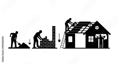 Black and White Silhouettes of Construction Workers Building a House