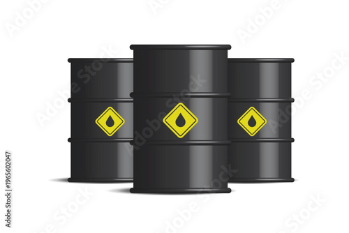 Black drum barrels fuel for cruel oil or petroleum. Vector illustration