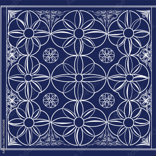 A vector design featuring a dark blue background with a repeating pattern of floral motifs and symmetrical, elegant leaf curves, perfect for batik and scarves 