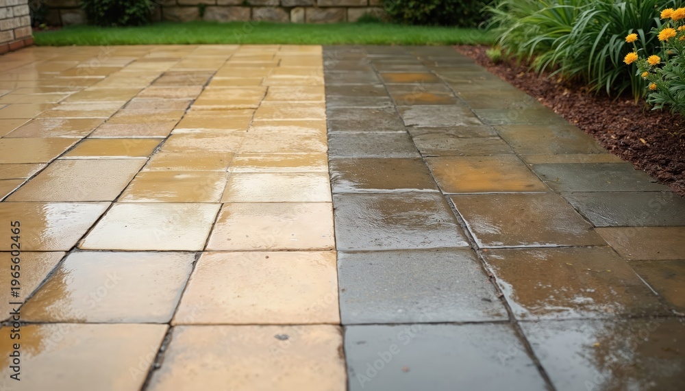 Fototapeta premium Wet patio cleaning comparison. Half section bright stone, other half dark dirt. Shows visual difference after pressure washing outdoor paving stones. Refresh your garden path.